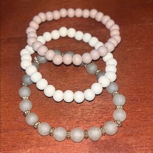 Set of 3 Stretch Beaded Bracelets, Mauve, Cream and Gray, NEW